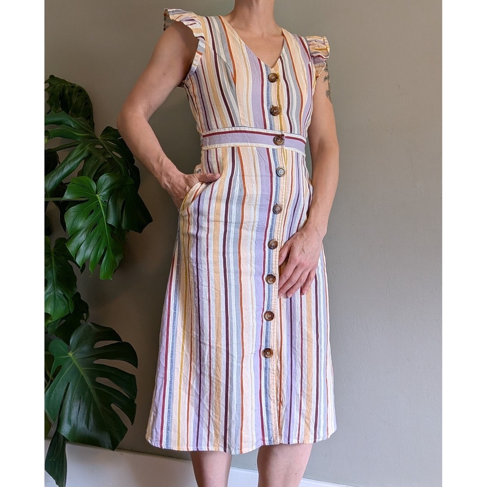 Striped Linen Dress Button Front Flutter Sleeve Boho Summer Coastal Rustic Midi